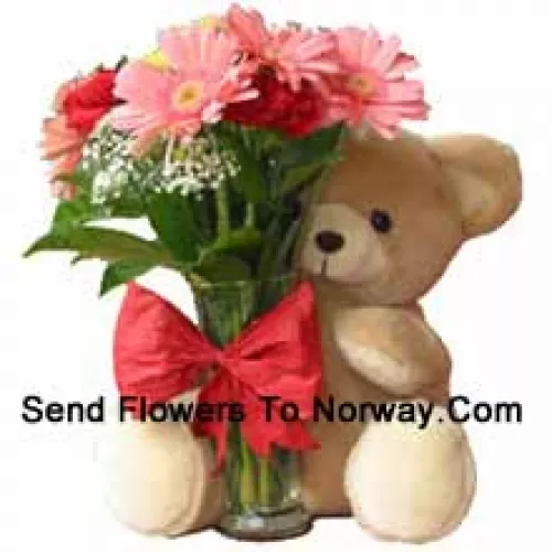 11 Oeillets rouges et Géraniums roses dans un vase en verre décoré d'un nœud et accompagné d'un ours en peluche