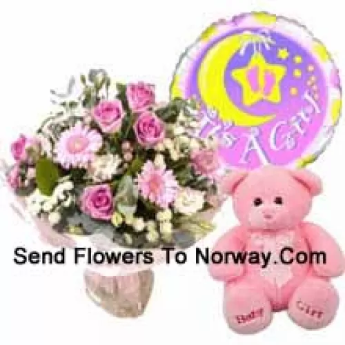 مجموعة من الزهور الوردية المختلطة، دب وردي وبالون لطفلة