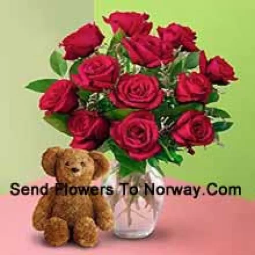 11 Roses rouges avec des fougères dans un vase et un mignon ours en peluche brun de 8 pouces