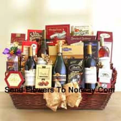This Gift Basket contains four outstanding bottles of fine California wine ? a chardonnay, a cabernet sauvignon, a sauvignon blanc and a merlot. This gift basket also includes a California sparkling wine. Other products included in this basket are peanut brittle, assorted Ghirardelli chocolates, Lindt truffles, chocolate toffee almonds, brie cheese, gourmet popcorn, bruschetta crisps, sweet butter cookies, Walker's shortbread cookies, biscotti, cranberry pecan cookies, savory snack mix, Jaquot chocolate truffles and smoked salmon. (Contents of basket including wine may vary by season and delivery location. In case of unavailability of a certain product we will substitute the same with a product of equal or higher value)