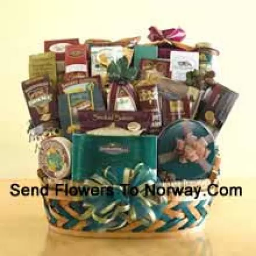 This enormous gift basket is an over-the-top Mother's Day gift that is sure to leave a grand impression! When you need to send something that is truly memorable and is large enough to be enjoyed by a crowd, this gift basket is perfect. This sweet and savory selection features smoked salmon, crackers, cheese, assorted nuts, biscotti, Bavarian-style pretzels, cheese sticks, tortilla chips, salsa, cheese swirls, snack mix, a collection of cookies, caramel popcorn, Ghirardelli chocolate squares, a box of assorted Ghirardelli chocolates, a tin of chocolate-covered sandwich cookies, chocolate-dipped pretzels, chocolate nuggets, and hot cocoa mix. They won't know what to eat first! (Please Note That We Reserve The Right To Substitute Any Product With A Suitable Product Of Equal Value In Case Of Non-Availability Of A Certain Product)